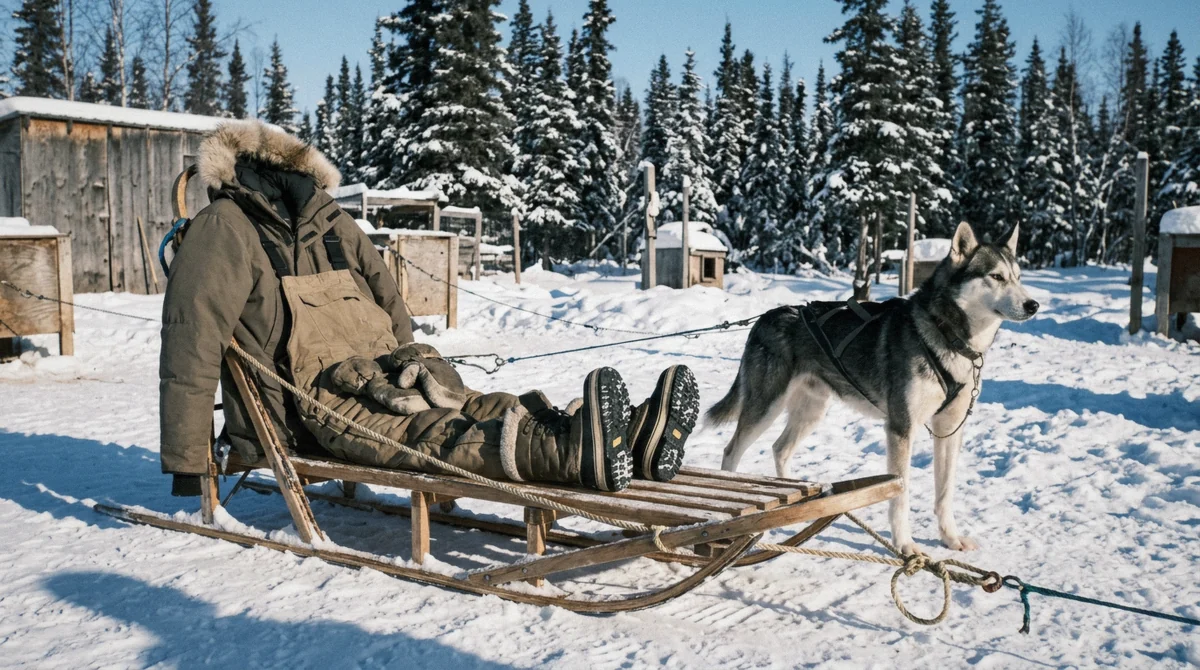 Parka, bibs, boots and mittens laid out on a sled beside an Alaskan husky before a dog sledding tour in Fairbanks, Alaska