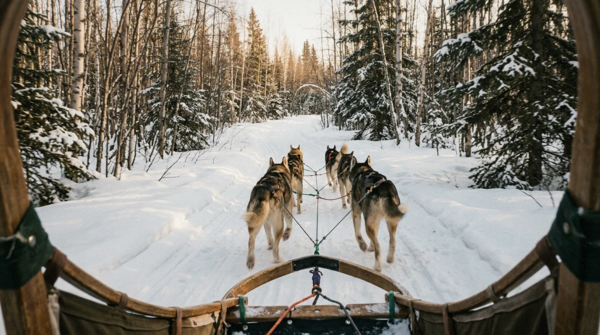 View from the sled basket over a team of Alaskan huskies running a snowy trail on a Fairbanks dog sledding tour