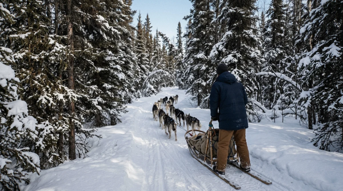 A single dog sled and team alone on a narrow trail through snowy spruce on a private Fairbanks dog sledding tour