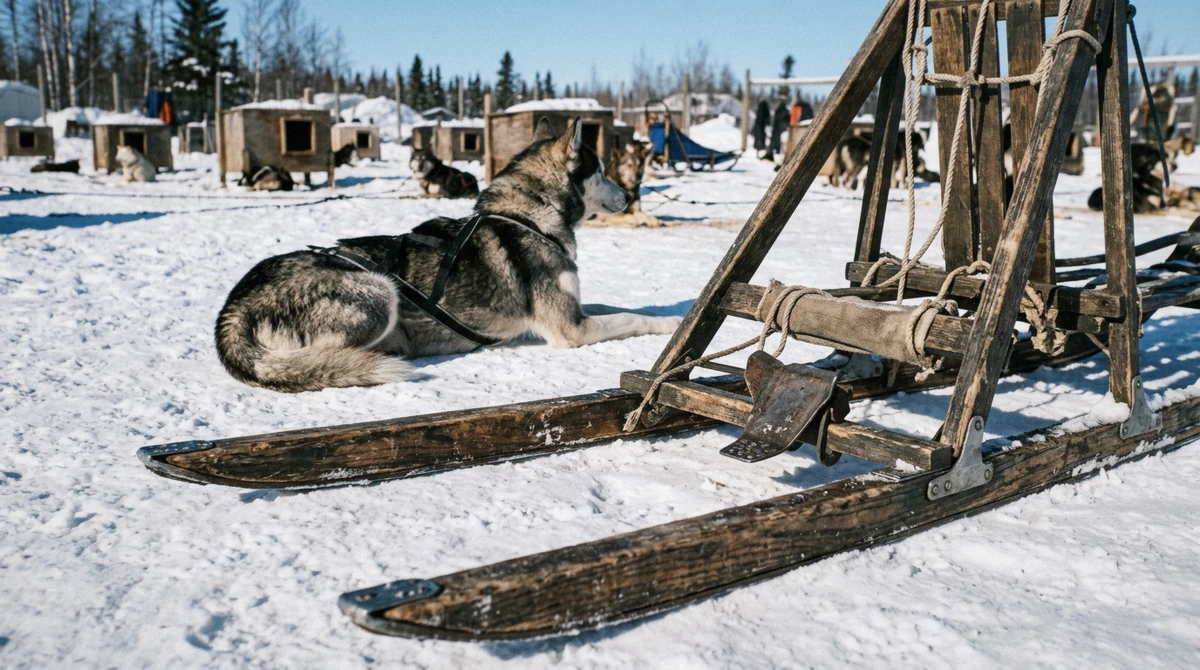 Dog sled resting on packed snow at a Fairbanks kennel on a day too cold to run