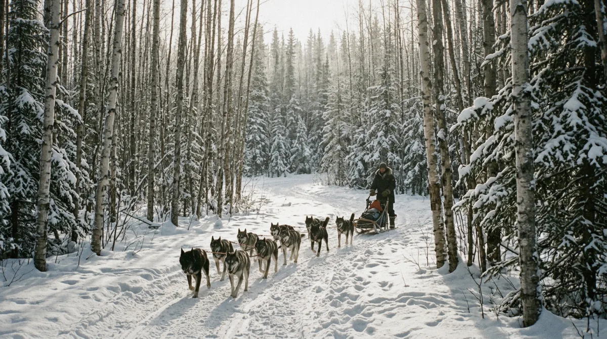 Sled dog team on a winter trail through birch woods near Fairbanks, Alaska