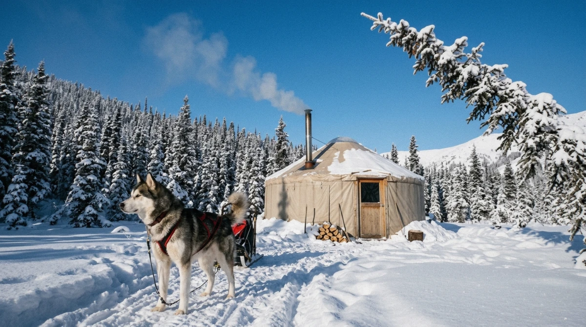 Heated yurt in deep snow beside a sled dog, the warm-up stop on a Fairbanks dog sledding tour